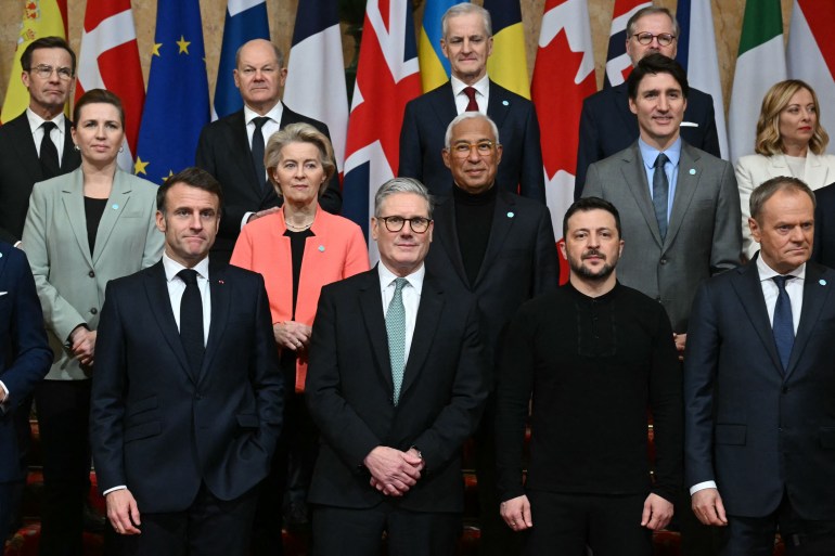 (Back row L-R) Sweden's Prime Minister Ulf Kristersson, Germany's Chancellor Olaf Scholz, Norway's Prime Minister Jonas Gahr Store, Czech Republic's Prime Minister Petr Fiala (Middle row L-R) Denmark's Prime Minister Mette Frederiksen, European Commission President Ursula von der Leyen, European Council President Antonio Costa, Canada's Prime Minister Justin Trudeau, Italy's Prime Minister Giorgia Meloni (Front row L-R) France's President Emmanuel Macron, Britain's Prime Minister Keir Starmer, Ukraine's President Volodymyr Zelensky and Poland's Prime Minister Donald Tusk pose for a family photograph during a summit held at Lancaster House in central London on March 2, 2025. European leaders descend upon London today for talks to "drive forward" action on Ukraine, according to the office of UK Prime Minister Keir Starmer. The summit caps off a week of intense diplomacy for host Starmer, who met with President Donald Trump on Thursday in an effort to draw together the European and US approaches to the Ukraine conflict. (Photo by JUSTIN TALLIS / POOL / AFP)