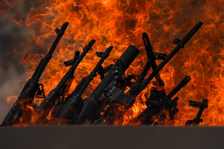SULAYMANIYAH, IRAQ - JULY 11: The first group of PKK terrorists, (listed as a terrorist organization by Turkiye, the U.S. and the EU), lays down and destroys their weapons in Sulaymaniyah, northern Iraq on July 11, 2025. In May, the terror group PKK, decided to dissolve and lay down its arms. The announcement followed a February statement by jailed PKK ringleader Abdullah Ocalan, who called for the dissolution of the PKK and its affiliated groups, urging an end to the armed campaign that has lasted more than four decades. In its 40-year terror campaign against Türkiye, the PKK – listed as a terrorist organization by Türkiye, the US, and EU – has been responsible for the deaths of over 40,000 people, including women, children, infants and the elderly. ( Stringer - Anadolu Agency )