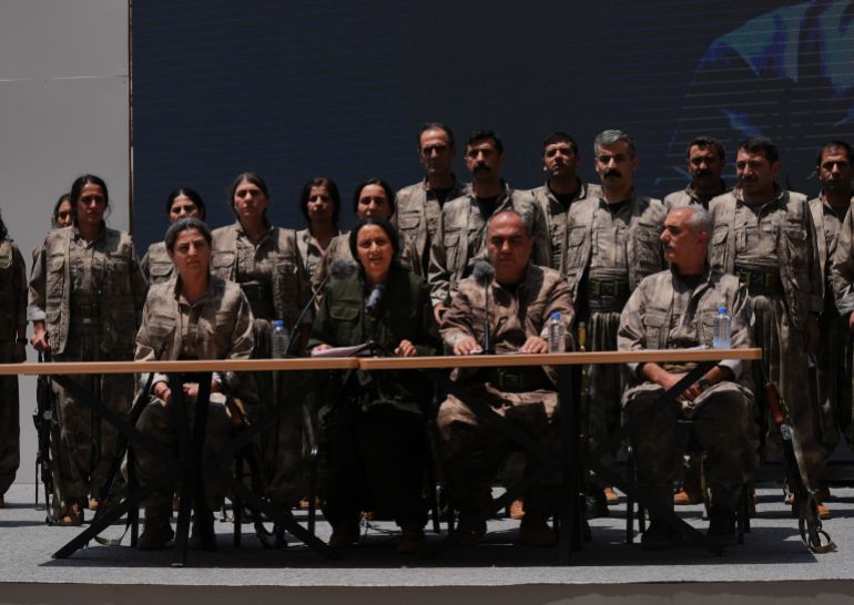 SULAYMANIYAH, IRAQ - JULY 11: The first group of PKK terrorists, (listed as a terrorist organization by Turkiye, the U.S. and the EU), lays down and destroys their weapons in Sulaymaniyah, northern Iraq on July 11, 2025. In May, the terror group PKK, decided to dissolve and lay down its arms. The announcement followed a February statement by jailed PKK ringleader Abdullah Ocalan, who called for the dissolution of the PKK and its affiliated groups, urging an end to the armed campaign that has lasted more than four decades. In its 40-year terror campaign against Türkiye, the PKK – listed as a terrorist organization by Türkiye, the US, and EU – has been responsible for the deaths of over 40,000 people, including women, children, infants and the elderly. ( Stringer - Anadolu Agency )